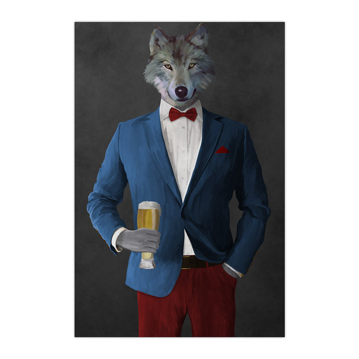 Wolf drinking beer wearing blue and red suit large wall art print