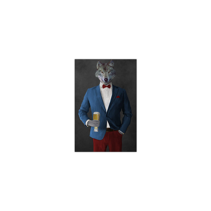Wolf drinking beer wearing blue and red suit small wall art print