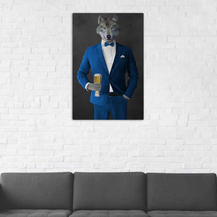 Wolf Drinking Beer Wall Art - Blue Suit