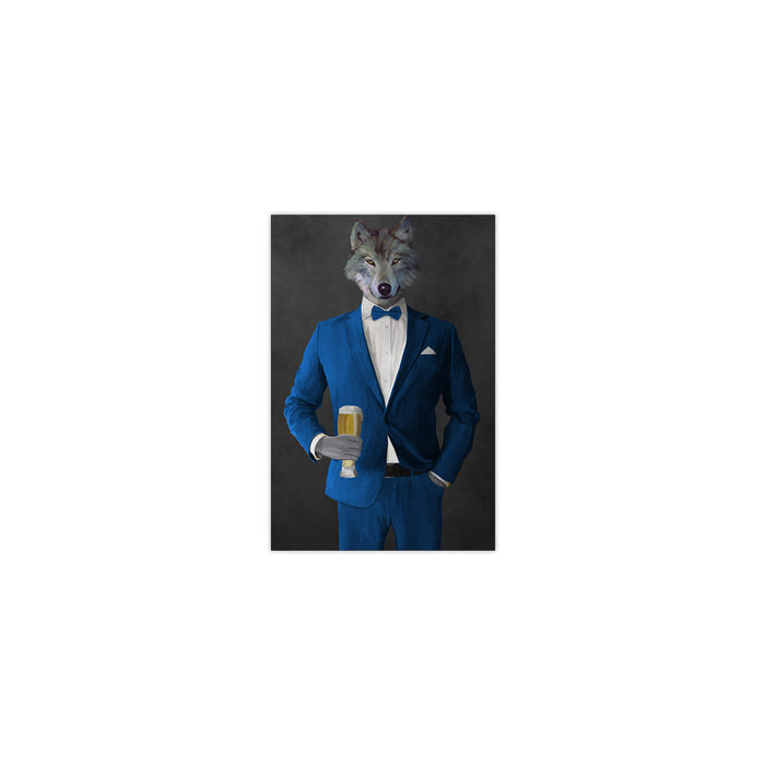 Wolf drinking beer wearing blue suit small wall art print