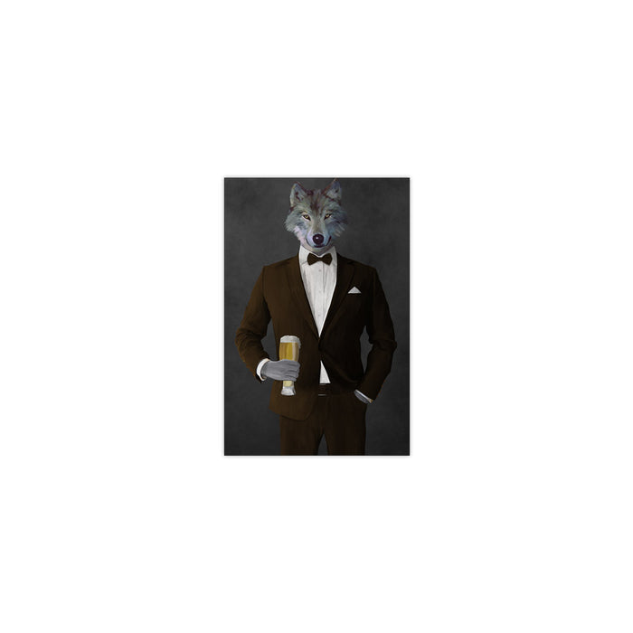 Wolf drinking beer wearing brown suit small wall art print