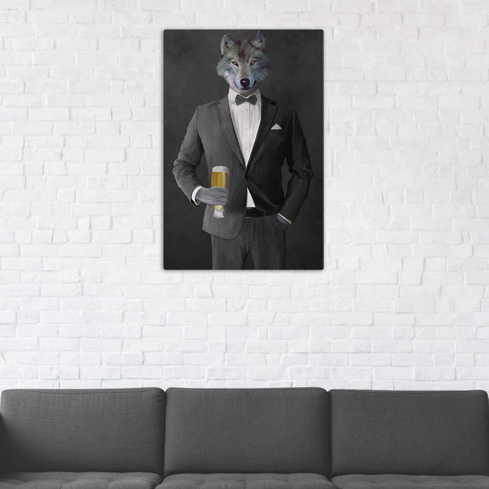 Wolf Drinking Beer Wall Art - Gray Suit