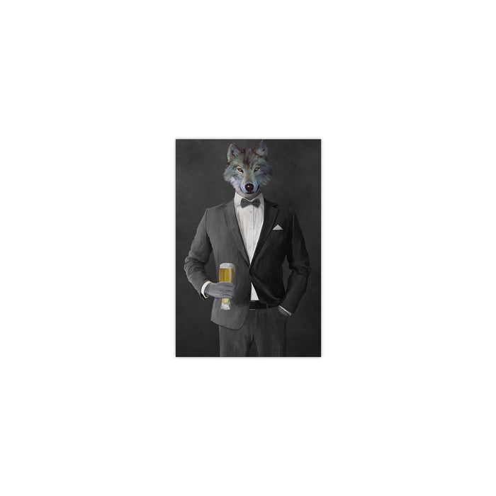 Wolf drinking beer wearing gray suit small wall art print