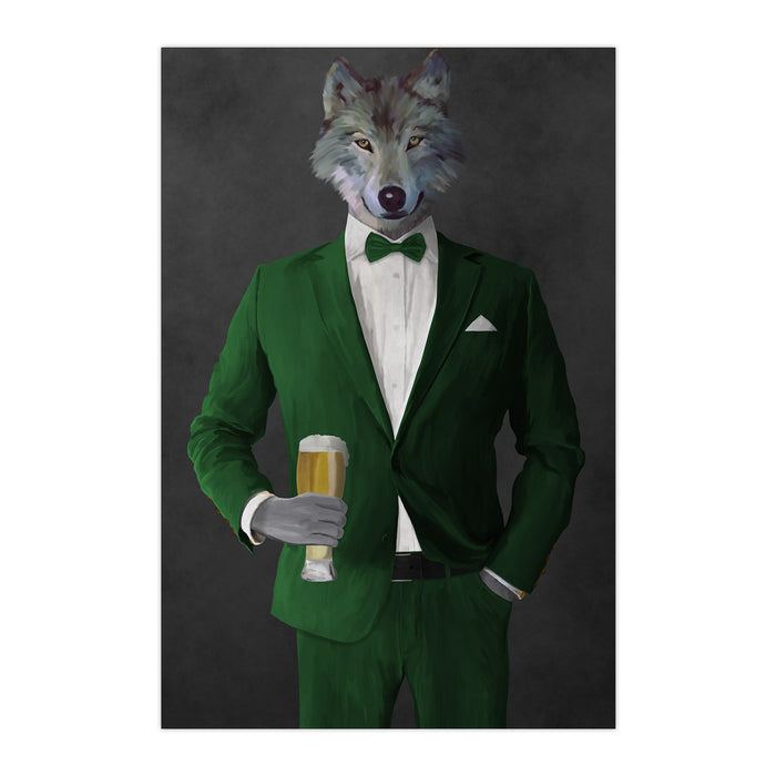 Wolf drinking beer wearing green suit large wall art print