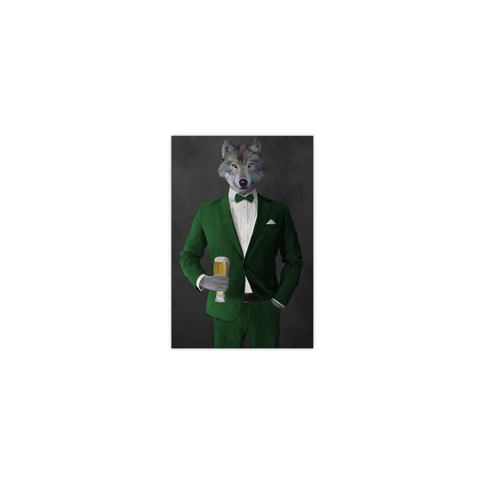 Wolf drinking beer wearing green suit small wall art print