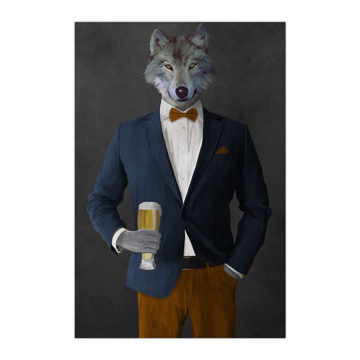 Wolf drinking beer wearing navy and orange suit large wall art print