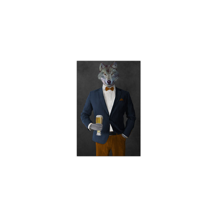 Wolf drinking beer wearing navy and orange suit small wall art print
