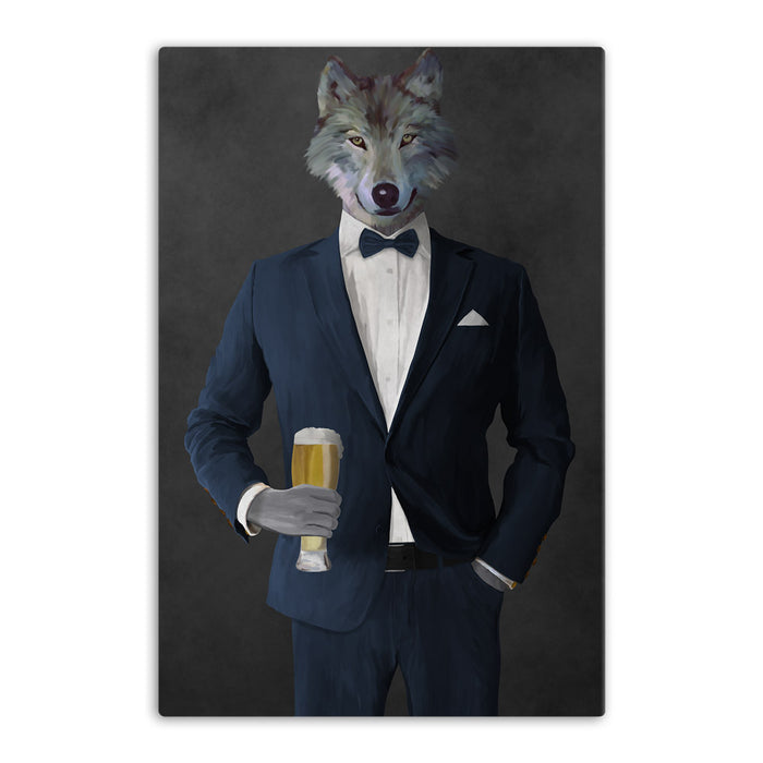 Wolf drinking beer wearing navy suit canvas wall art