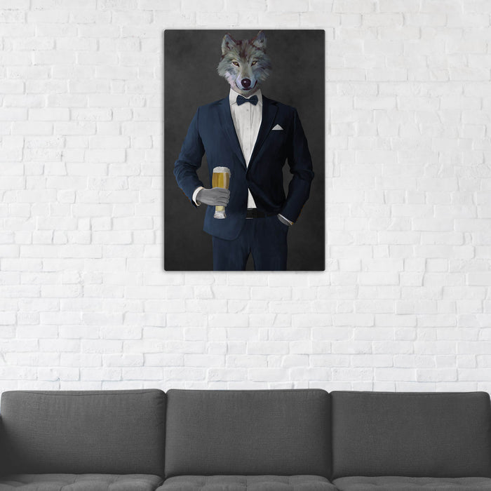 Wolf Drinking Beer Wall Art - Navy Suit