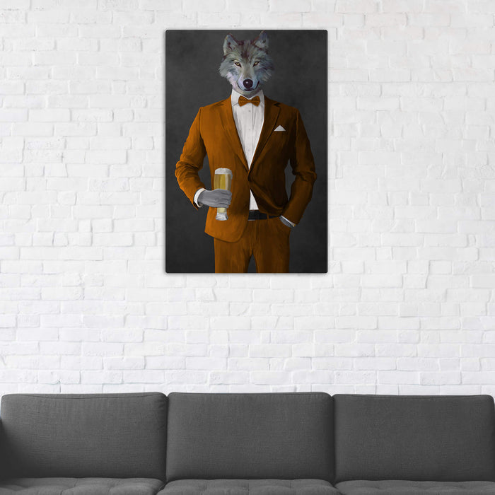 Wolf Drinking Beer Wall Art - Orange Suit