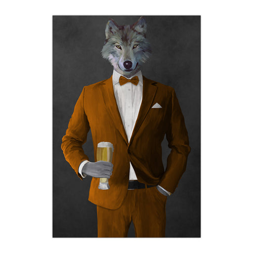 Wolf drinking beer wearing orange suit large wall art print