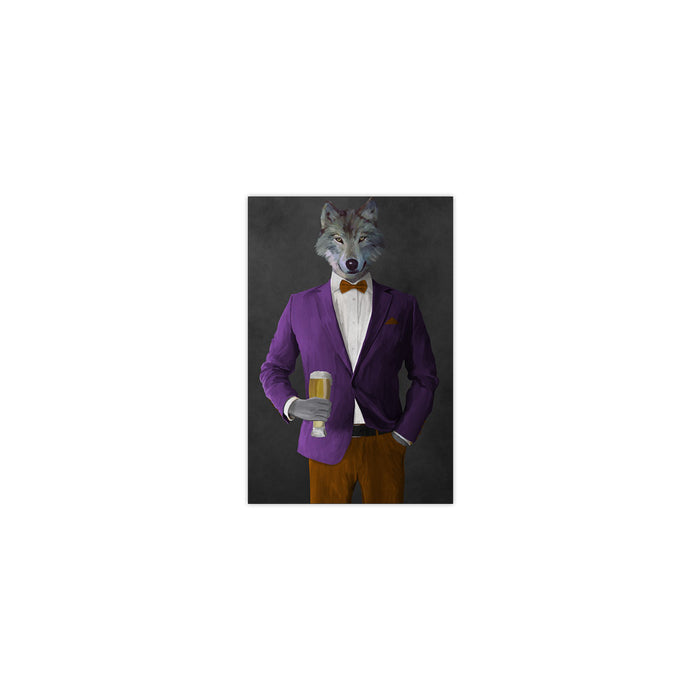Wolf drinking beer wearing purple and orange suit small wall art print