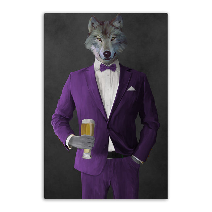 Wolf drinking beer wearing purple suit canvas wall art