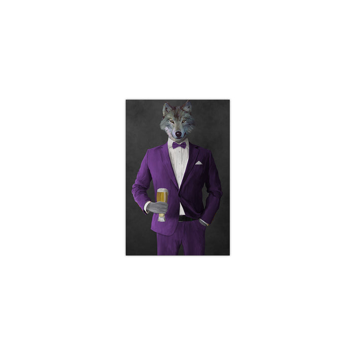 Wolf drinking beer wearing purple suit small wall art print