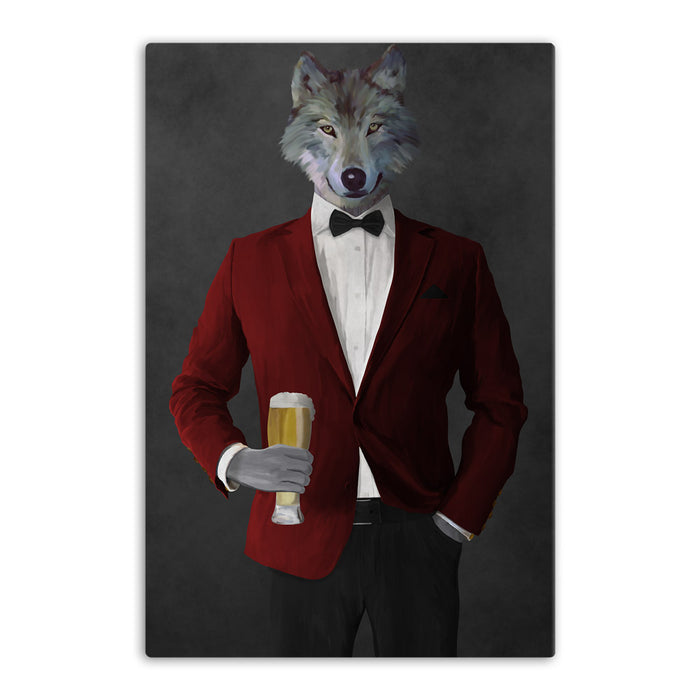 Wolf drinking beer wearing red and black suit canvas wall art