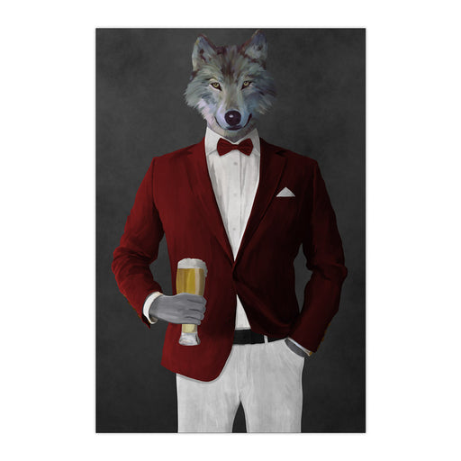 Wolf drinking beer wearing red and white suit large wall art print