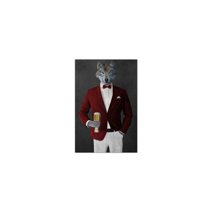 Wolf drinking beer wearing red and white suit small wall art print