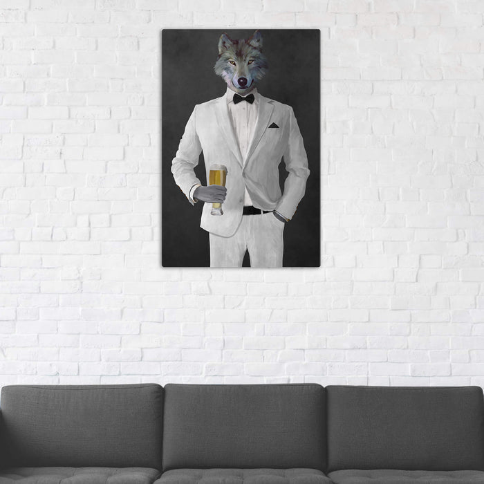 Wolf Drinking Beer Wall Art - White Suit