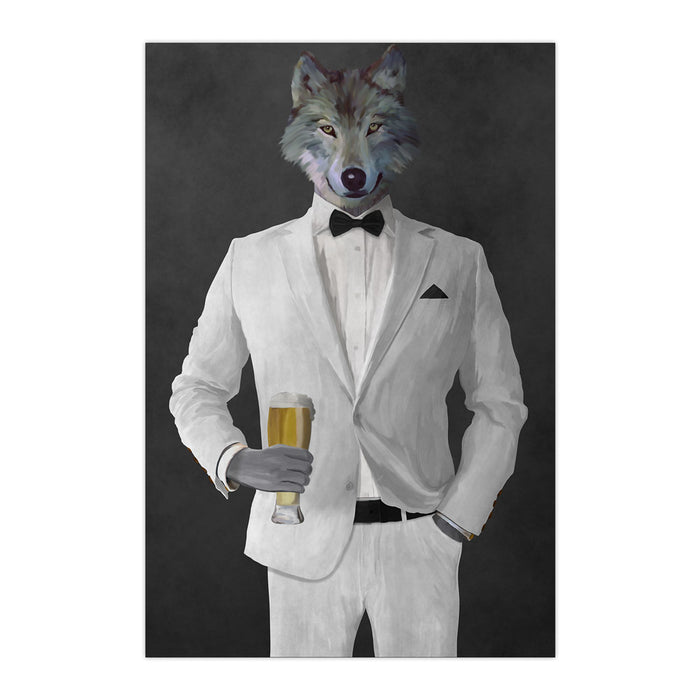 Wolf drinking beer wearing white suit large wall art print