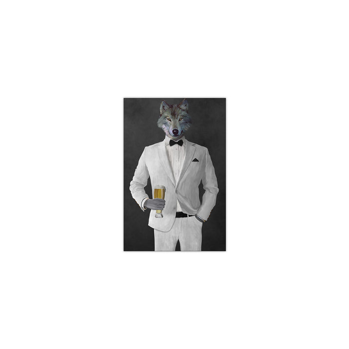 Wolf drinking beer wearing white suit small wall art print
