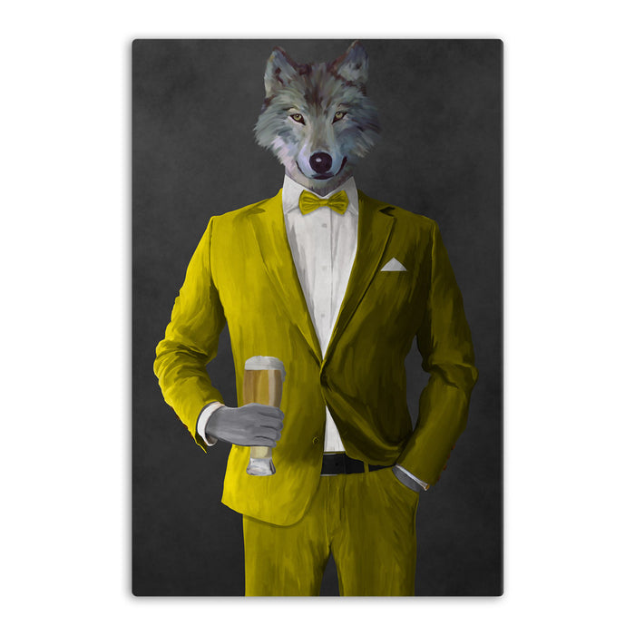 Wolf drinking beer wearing yellow suit canvas wall art