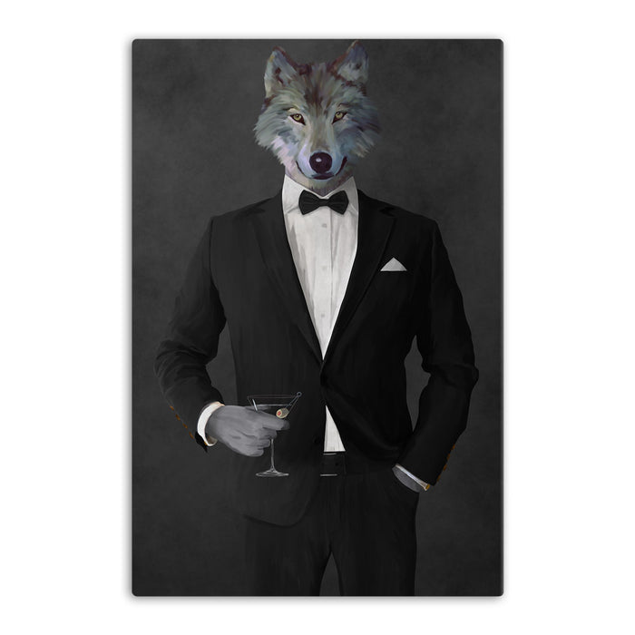 Wolf drinking martini wearing black suit canvas wall art