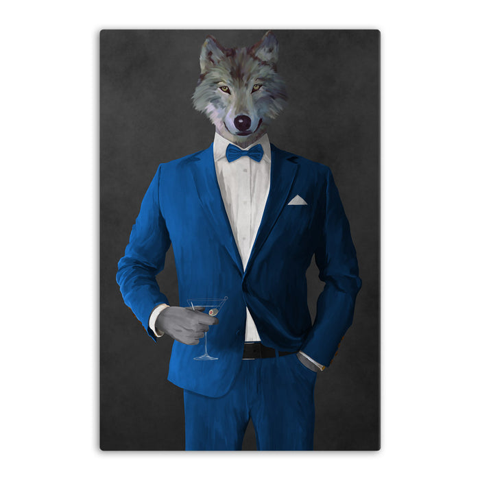 Wolf drinking martini wearing blue suit canvas wall art