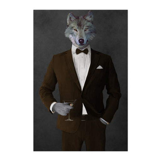 Wolf drinking martini wearing brown suit large wall art print
