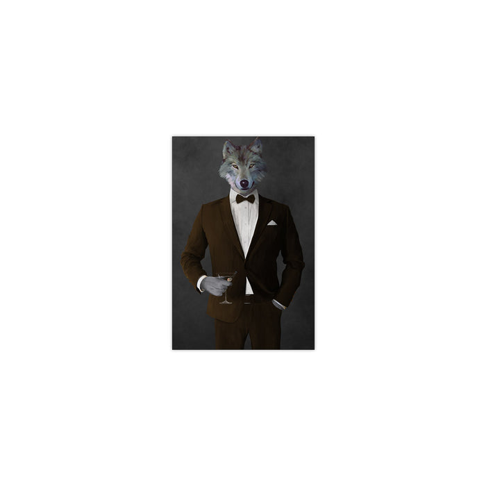 Wolf drinking martini wearing brown suit small wall art print