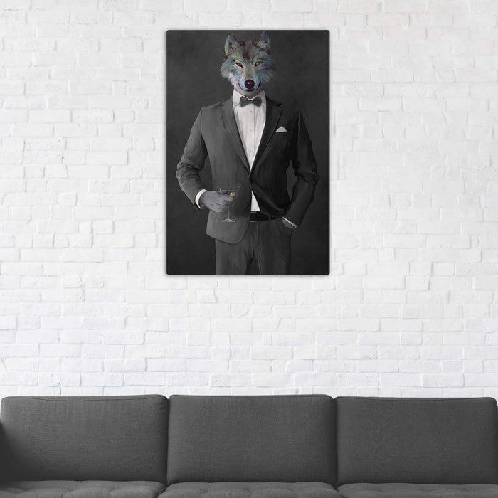 Wolf Drinking Martini Wall Art - Gray Suit