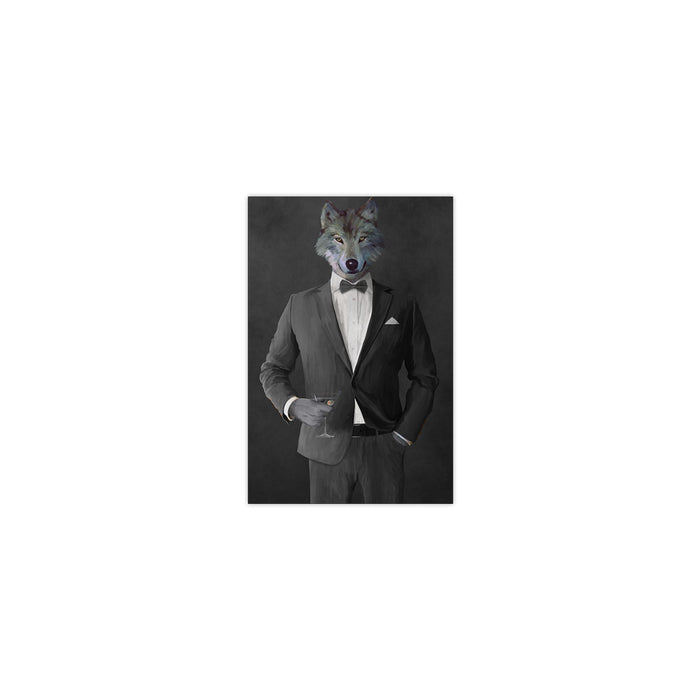 Wolf drinking martini wearing gray suit small wall art print