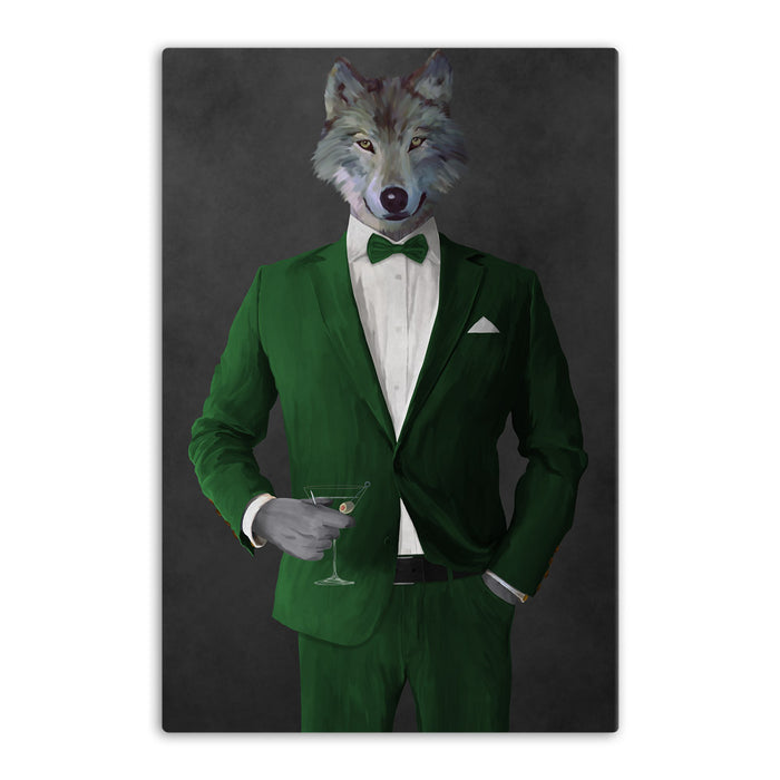 Wolf drinking martini wearing green suit canvas wall art
