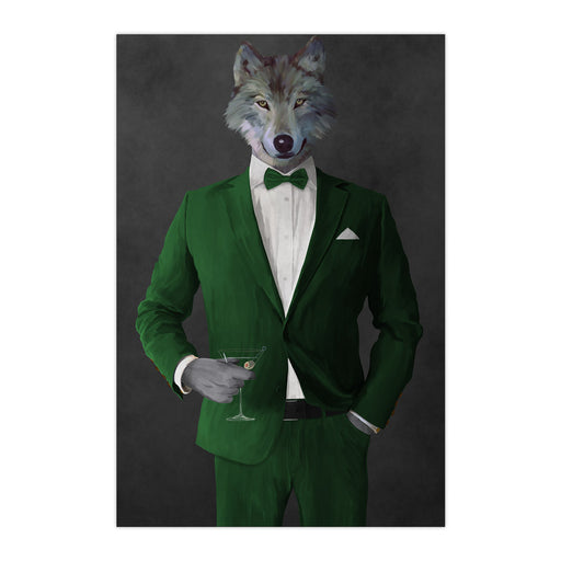 Wolf drinking martini wearing green suit large wall art print