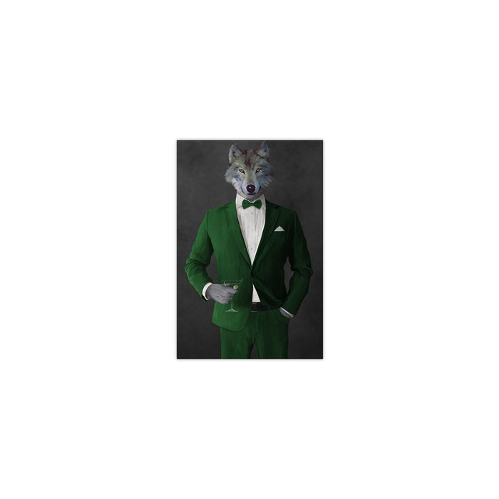 Wolf drinking martini wearing green suit small wall art print