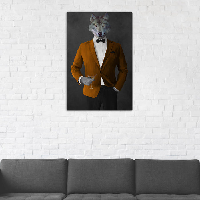 Wolf Drinking Martini Wall Art - Orange and Black Suit