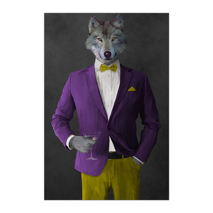 Wolf drinking martini wearing purple and yellow suit large wall art print