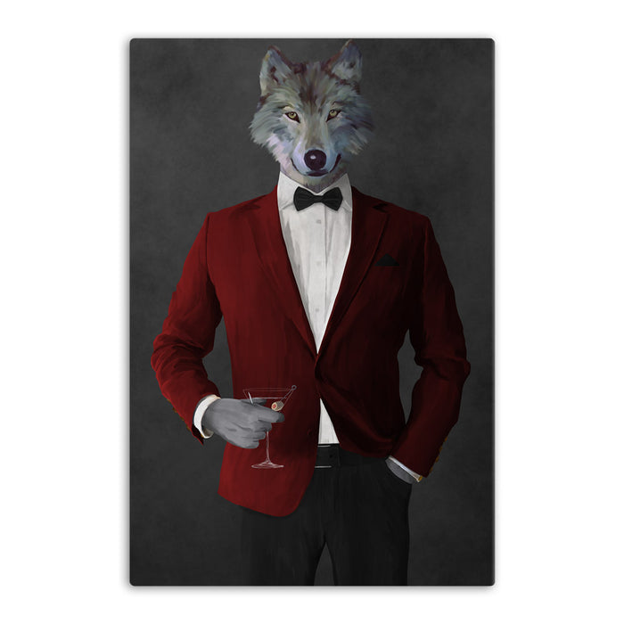 Wolf drinking martini wearing red and black suit canvas wall art