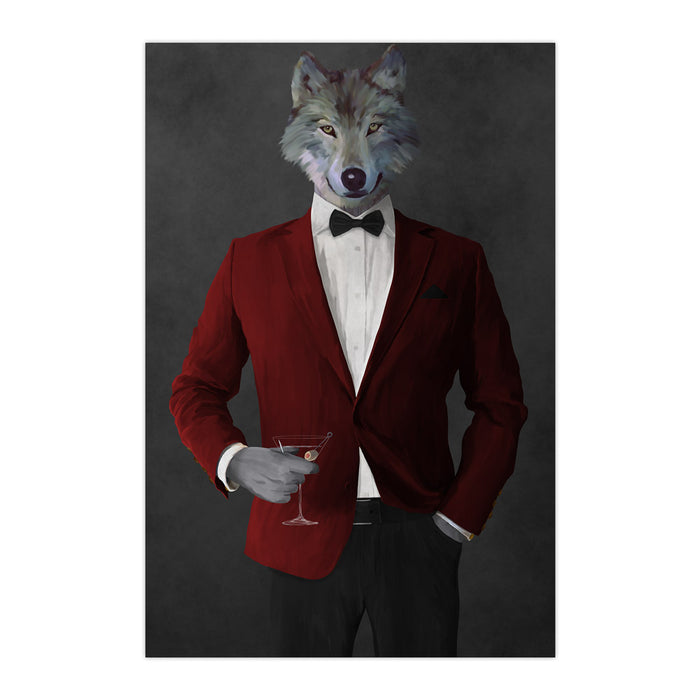 Wolf drinking martini wearing red and black suit large wall art print