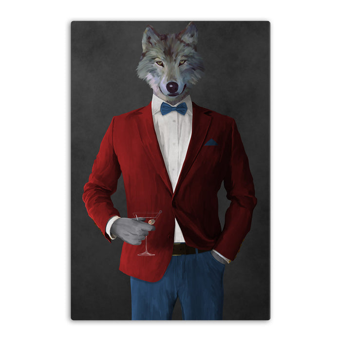 Wolf drinking martini wearing red and blue suit canvas wall art