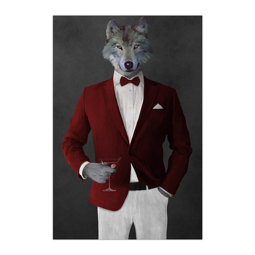 Wolf drinking martini wearing red and white suit large wall art print