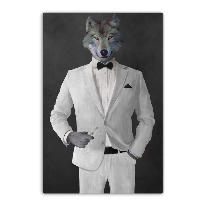 Wolf drinking martini wearing white suit canvas wall art