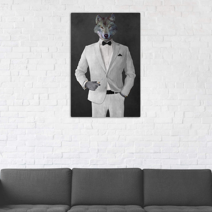Wolf Drinking Martini Wall Art - White Suit