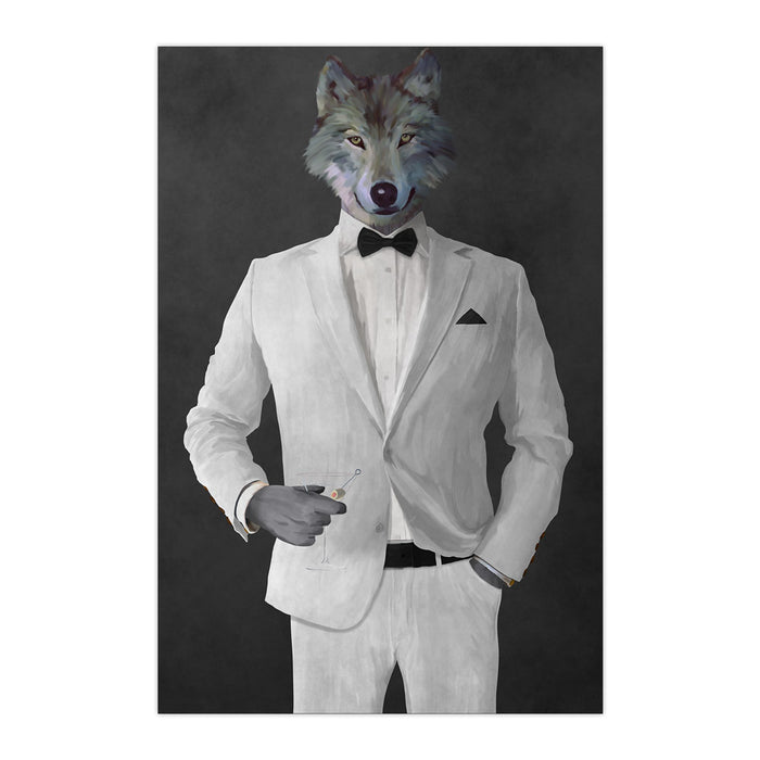 Wolf drinking martini wearing white suit large wall art print