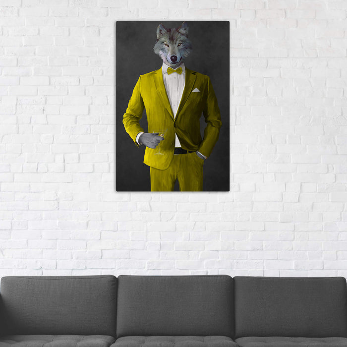 Wolf Drinking Martini Wall Art - Yellow Suit