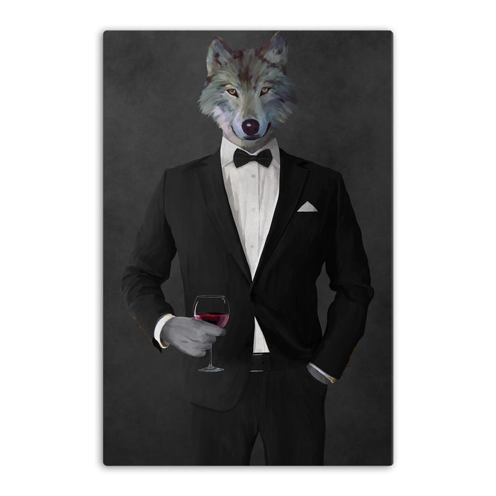 Wolf drinking red wine wearing black suit canvas wall art