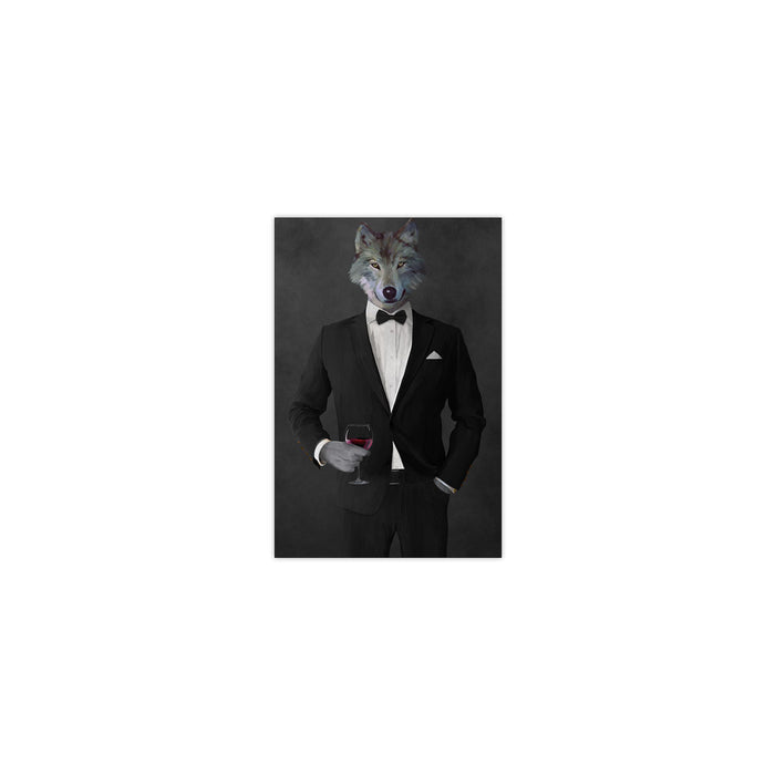 Wolf drinking red wine wearing black suit small wall art print