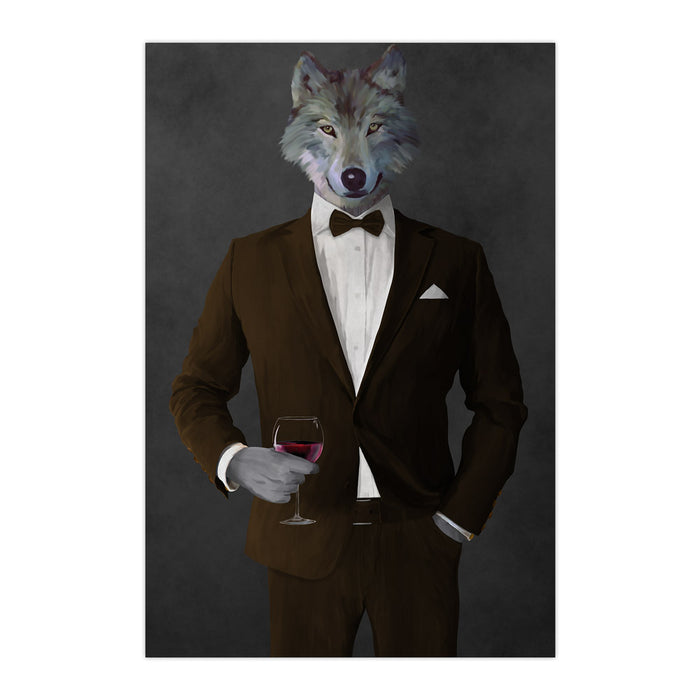 Wolf drinking red wine wearing brown suit large wall art print