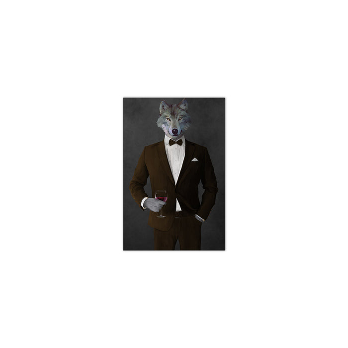 Wolf drinking red wine wearing brown suit small wall art print