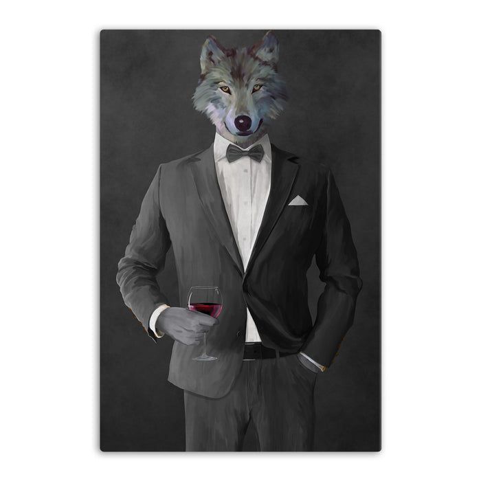 Wolf drinking red wine wearing gray suit canvas wall art
