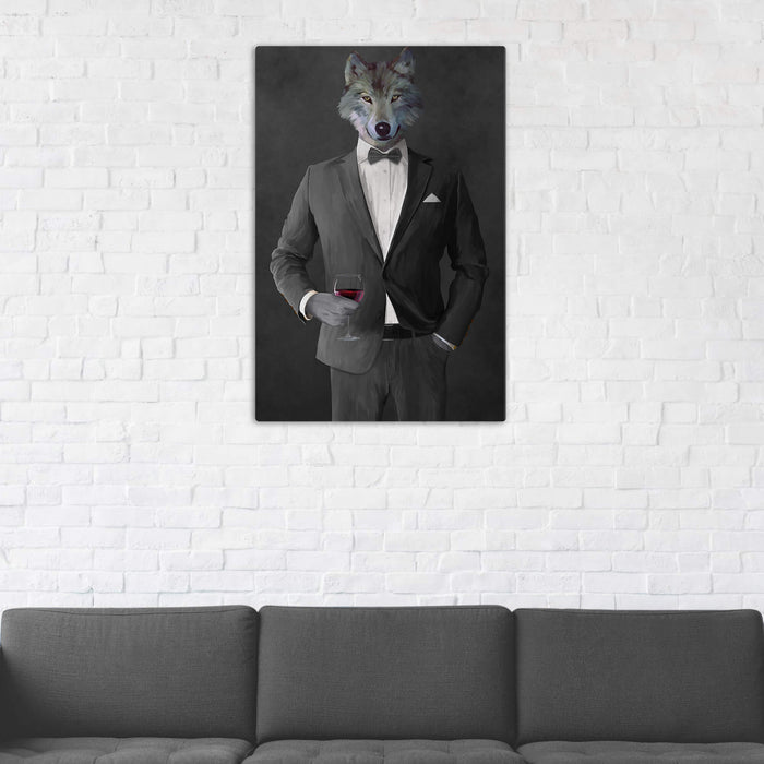 Wolf Drinking Red Wine Wall Art - Gray Suit